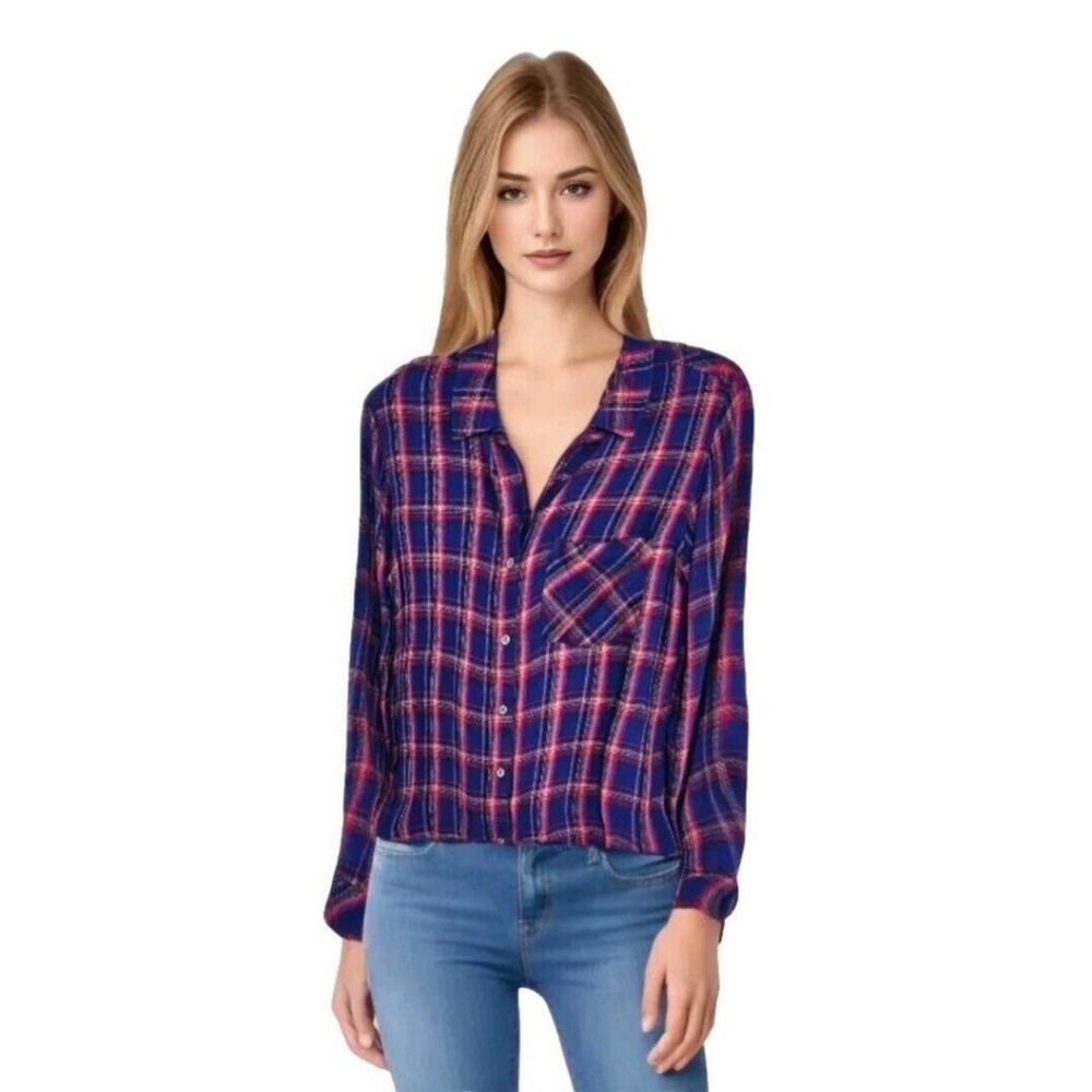 Cloth & Stone for Anthropologie S Red Blue Plaid Soft Button Down Top